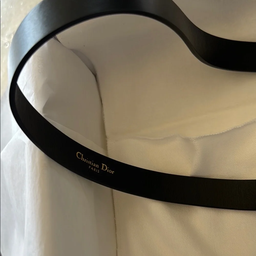 Christian Dior saddle Black Leather logo Belt with Gold Sz 85
